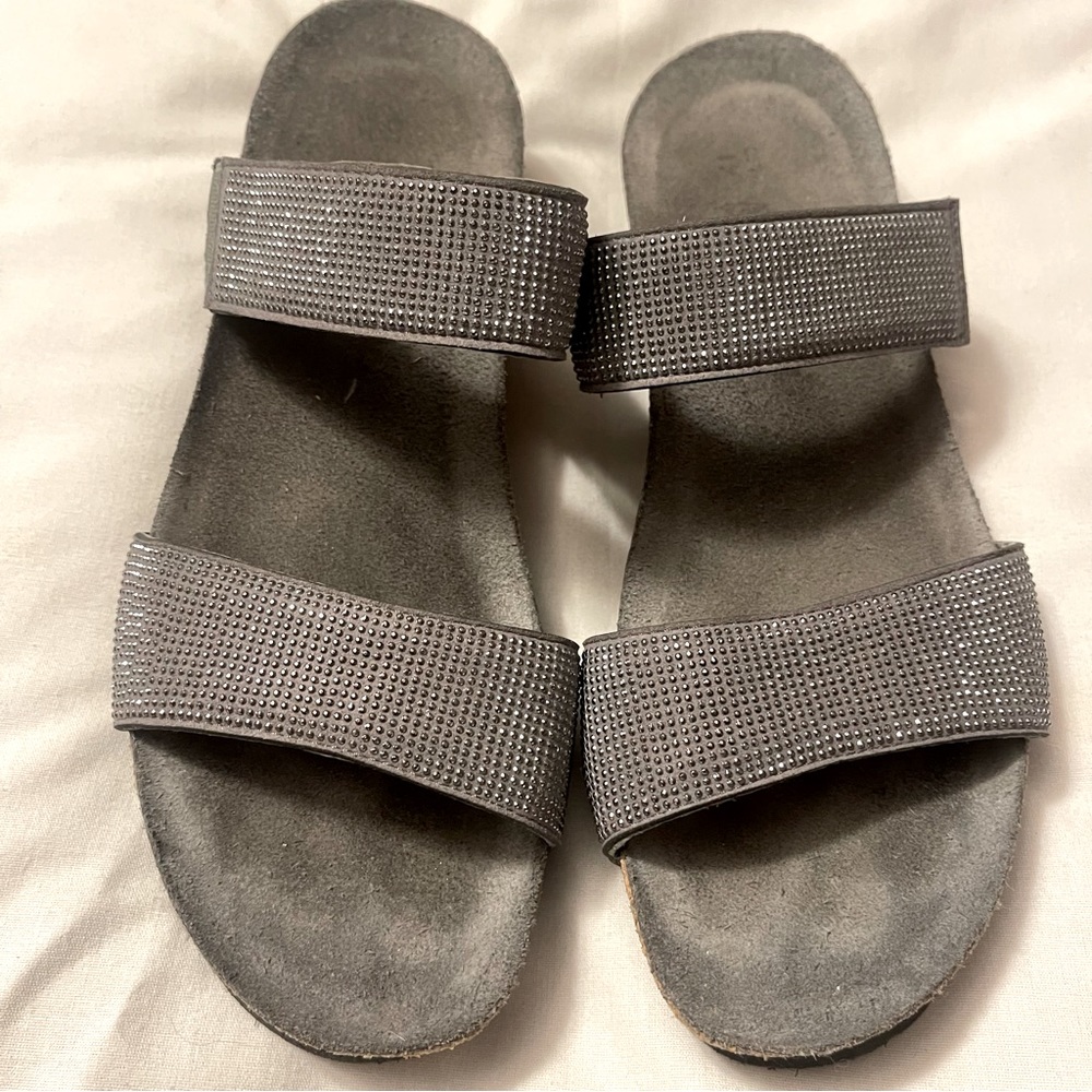Naot leather gray Bianca rhinestones slide sandals